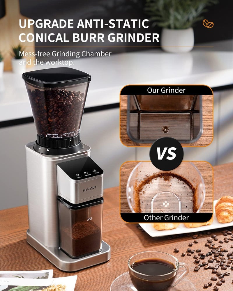 SHARDOR Professional Conical Burr Coffee Grinder, Coffee Bean Grinder with 48 Grind Settings for Espresso, Drip & French Press, Upgraded Anti-Static Technology, Precision Timer, Stainless Steel - Image 4